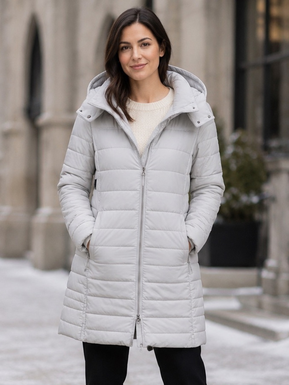 Lolë Primaloft Long Quilted Hooded Puffer Coat Grey Large